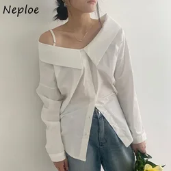 Neploe Korean Style One Line Neck Off Shoulder Design Shirt 2024 Summer Women Loose Casual Versatile Solid Color Long Sleeve Top