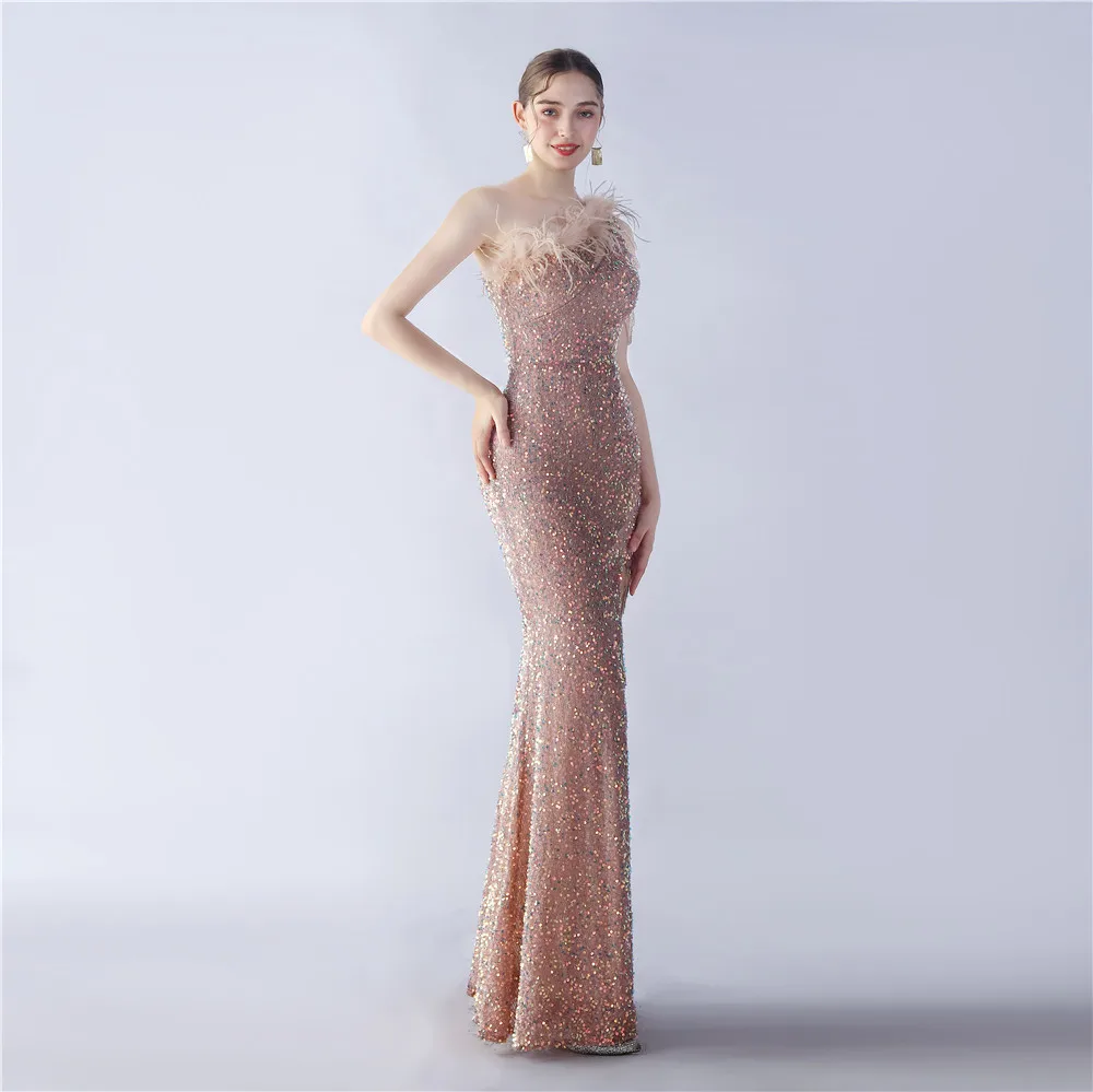 Customized Women's Sequin Halter Tassels Sleeve Long Prom Ball Gown Evening Dresses