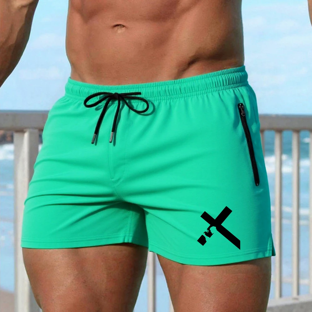 Men's Cross Print Sports Shorts Elastic Quick Drying Drawstring Casual Beach Shorts For Summer Swimming Surfing Running Fitness