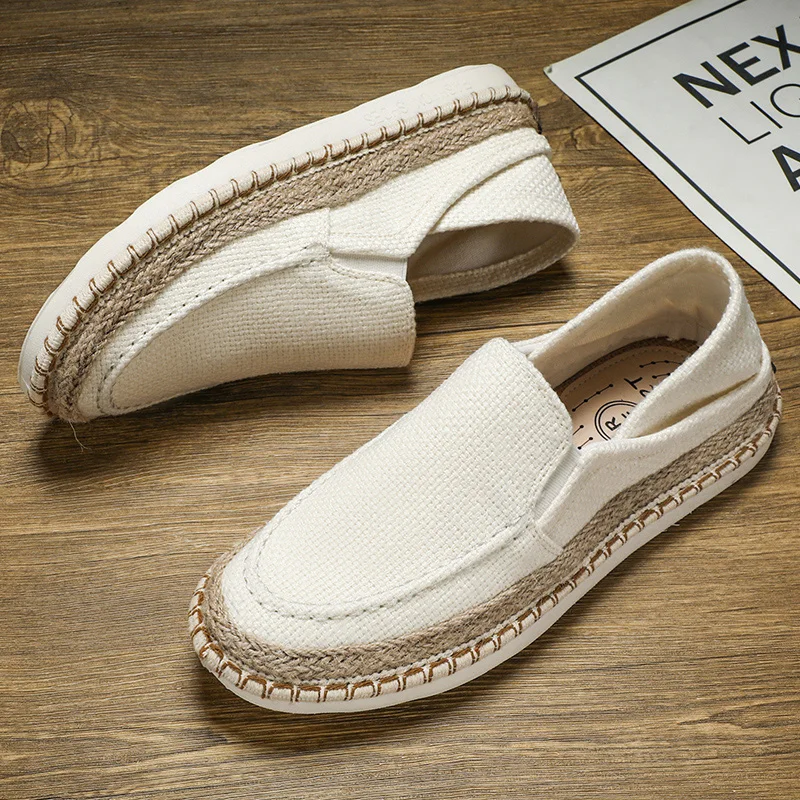 

Hot Sale Beige Cloth Shoes for Men Half Shoes Comfortable Flat Casual Mens Loafers Slip On Straw Weaving Fisherman's Shoes Men