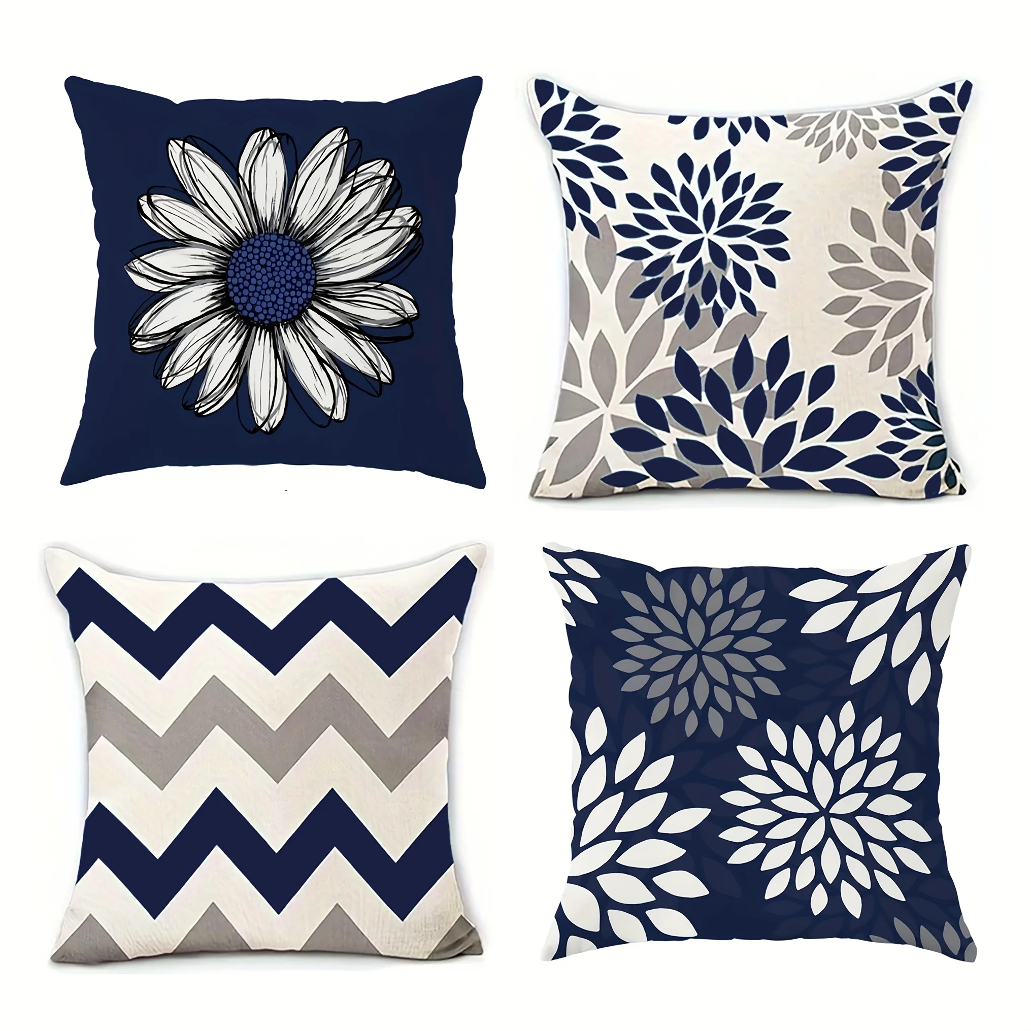 Juego  4 fundas  almohada mornas con estampado geométrico y floral - Hechas  terciopelo suave y cómodo, en azul y blanco
