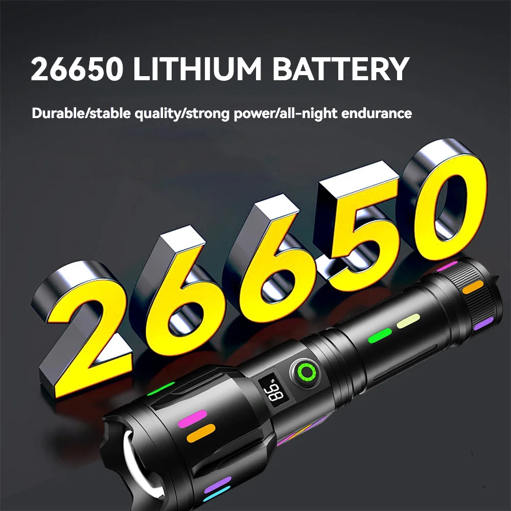 High Power Spotlight Long Range LED Flashlight Fluorescent Absorbing Film Luminous Colorful Zoom Flashlight Camping Emergency