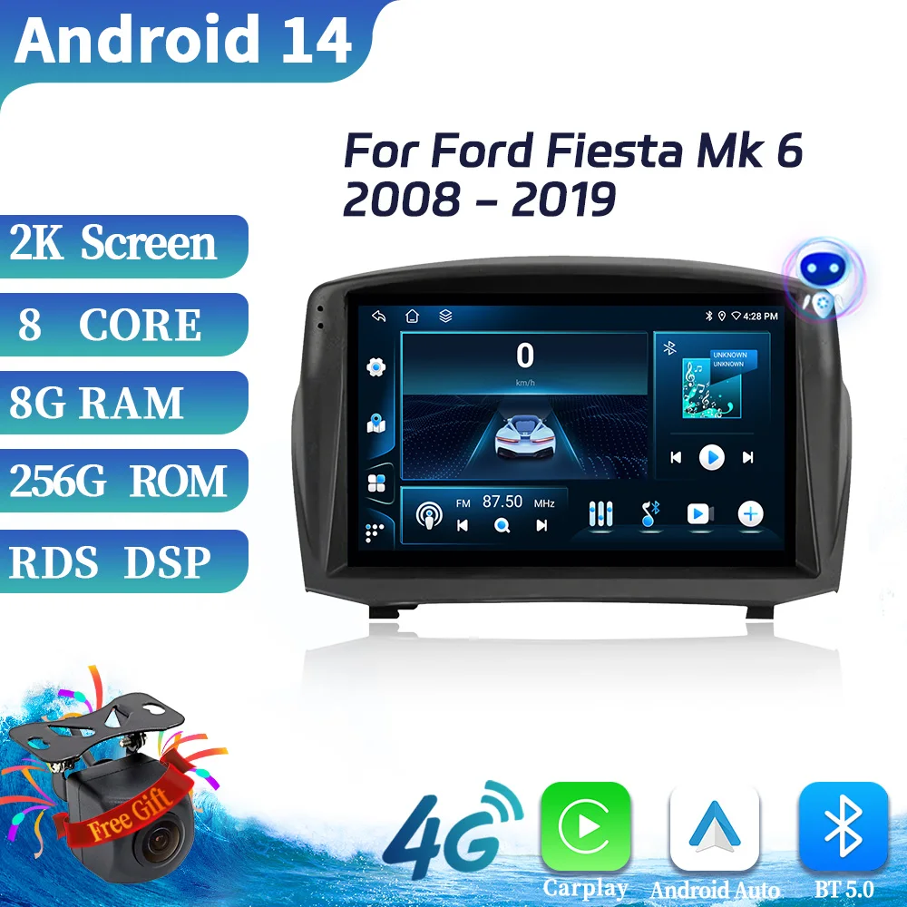 

Автомобильный радиоприемник для Ford Fiesta Mk 6 2008-2019 Android 14 мультимедийный 4G GPS навигатор плеер беспроводной Bluetooth Carplay сенсорный экран