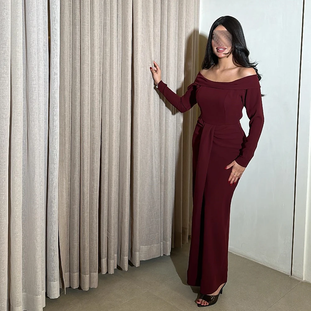 

Customized Boat Neck With Sweep Train Evening Dress Full Sleeves Jersey Party Dress Pleat Ankle Length Prom Gown For Women