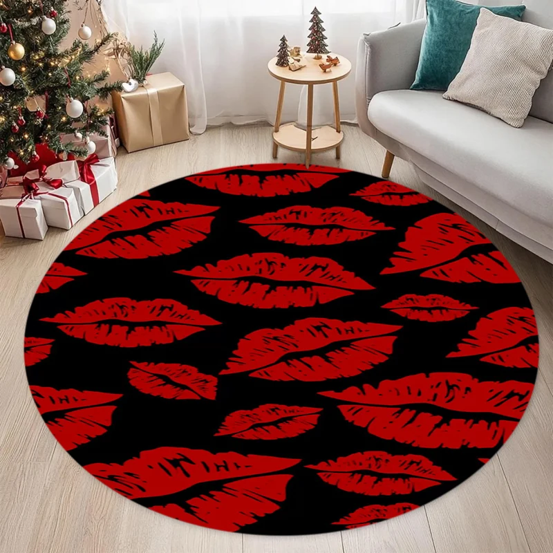 Red Lips Print Round Rug Black Background Bold Lip Pattern Carpet for Living Room Bedroom Home Decor  Carpets for Living Room