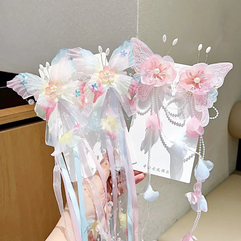 1 زوج طفل الفتيات Hanfu أغطية الرأس فراشة الشريط شرابة دبوس الشعر للأطفال النمط الصيني مشبك شعر إكسسوارات شعر الأميرة