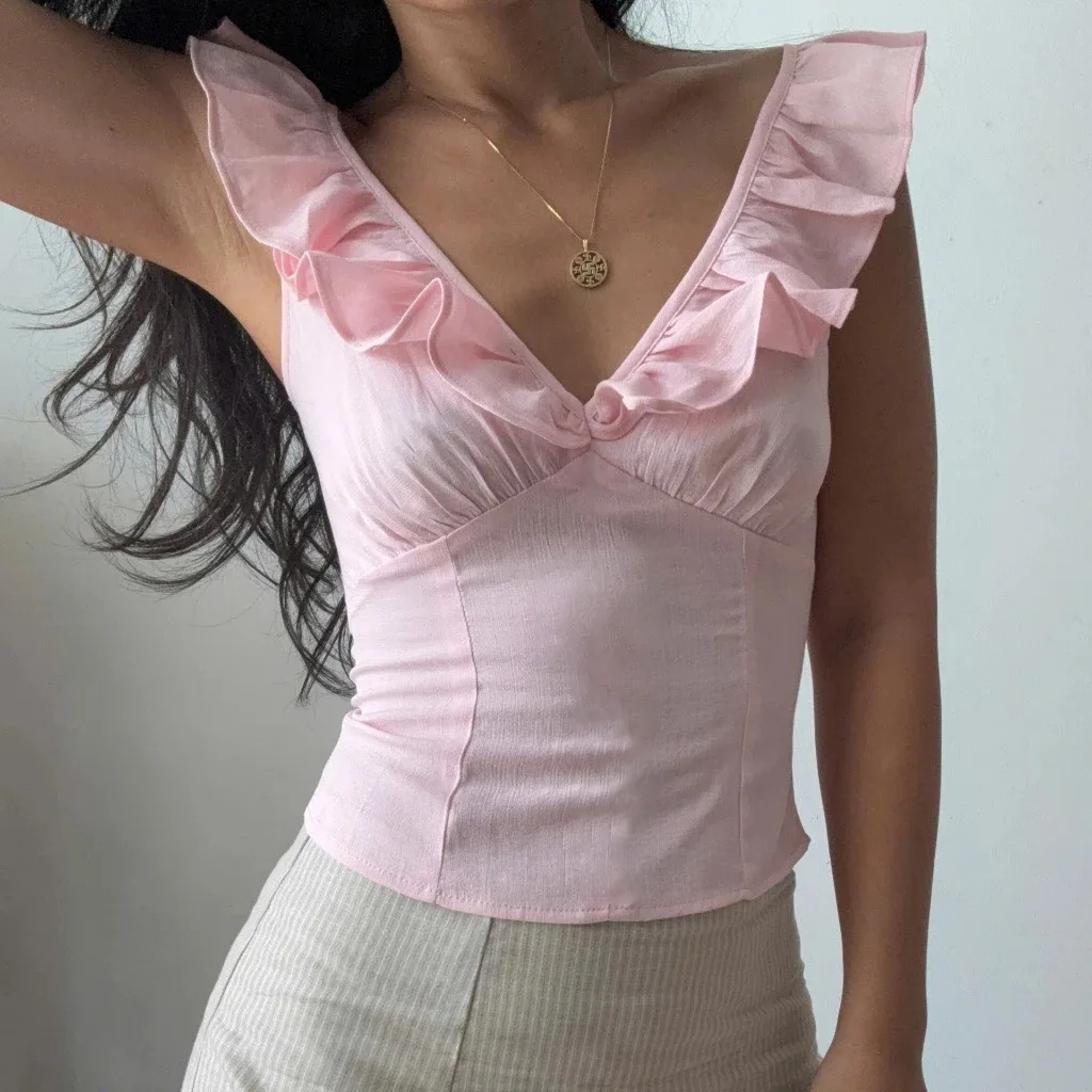 

Sexy Ruffle Deep V-neck Top Ladies Chic Elegant Slim-fitting Short Sleeve T-shirts Vintage Streetwear French Style Tees