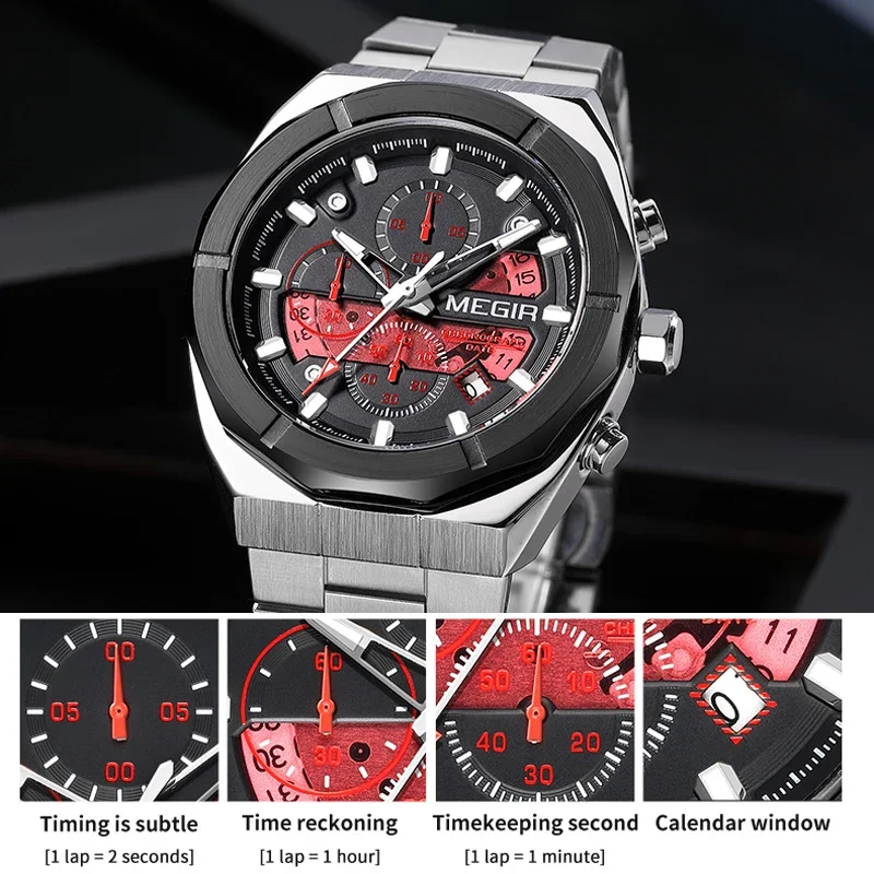 MEGIR Polygonal Case Fashion Sport Quartz Watch for Men Luxury Luminous Waterproof Chronograph Wristwatch with Auto Date 2225