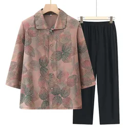 3/4 Sleeve Printed Lapel Shirts 2 Piece Sets Women Outfit XL-5XL Middle Aged Mother Cardigan Suit Spring Summer Panties Set