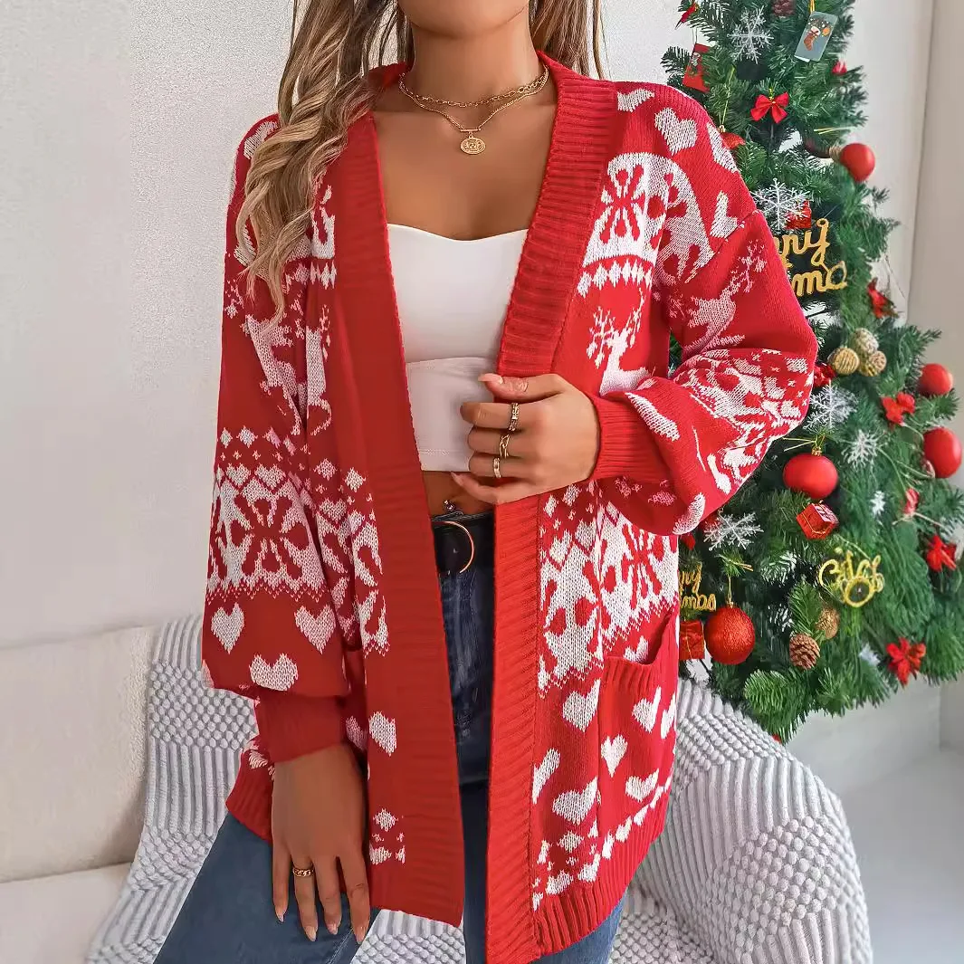 Christmas Fawn Jacquard Long-sleeve Cardigan Sweater Coat, Women's Autumn Autumn and Winter Patchwork Medium-length Knit Sweater