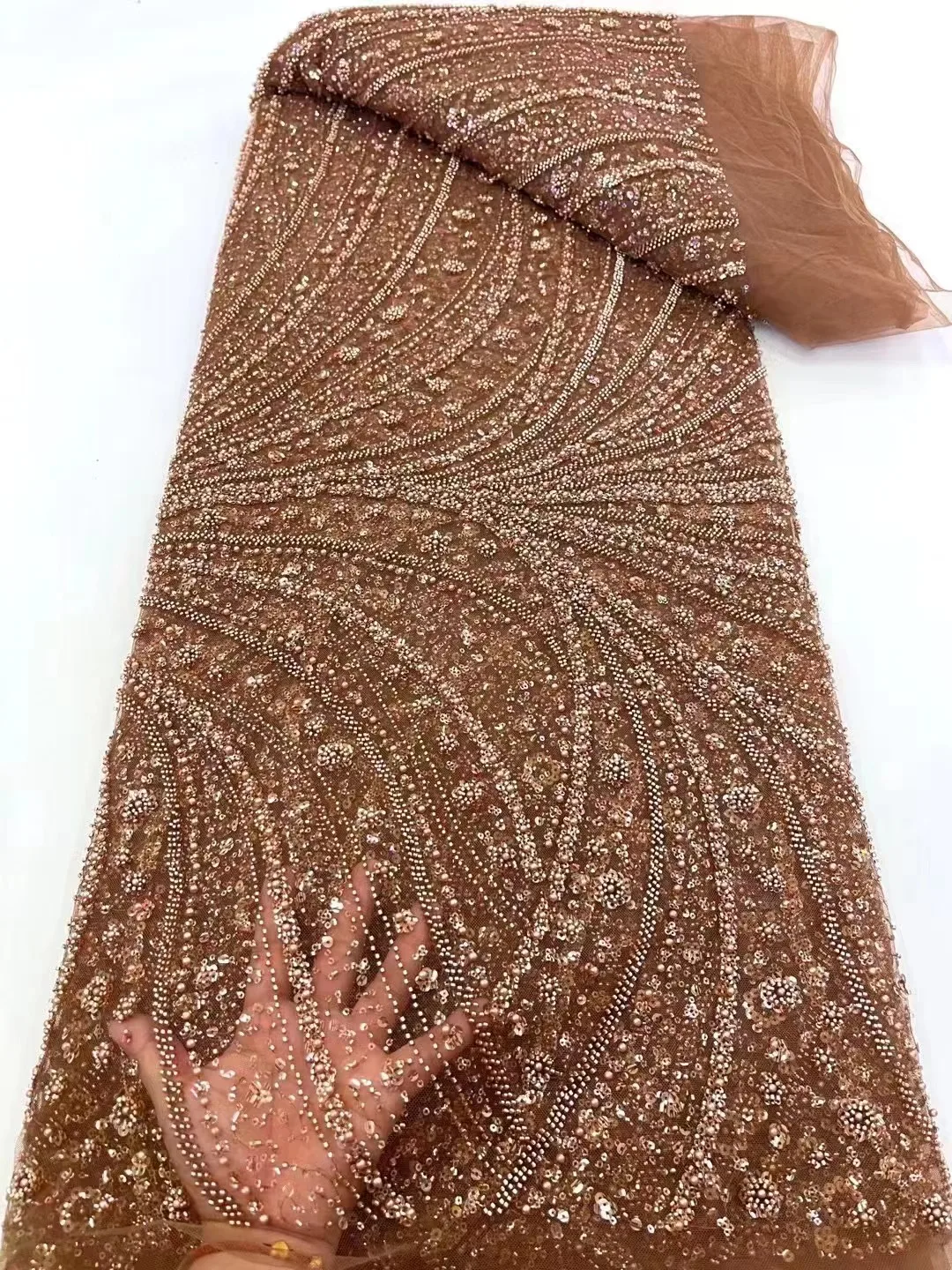 

Luxurious African Groom Sequins Lace Fabric High Quality Brown 2023 French Embroidery Heavy Beads For Nigerian Wedding Dress