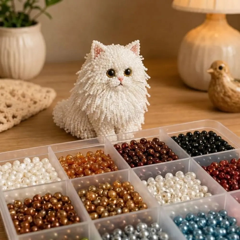 Handmade DIY Animal Bead Embroidery Kit Colorful Mini Beadwork Art Craft Set Tiny Cat 3D Bead Pet Keychain Making Kit for Kids