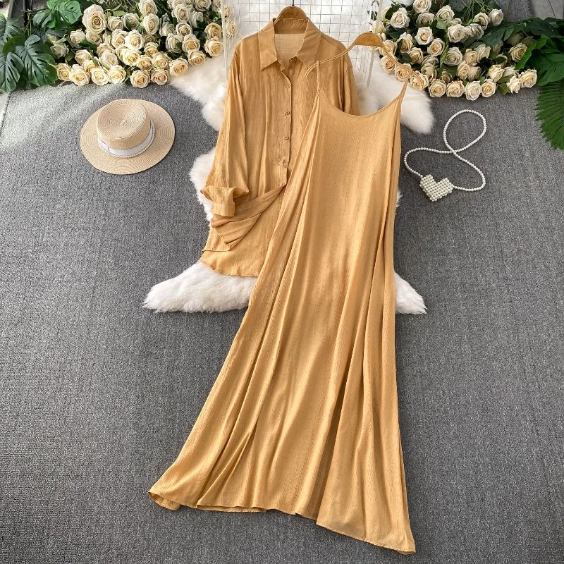 2026 Summer Two-piece Suit Women's Casual Sets Long Sleeve Vintage Shirt Loose Blouses A-line Sling Maxi Dresses 2-piece Sets