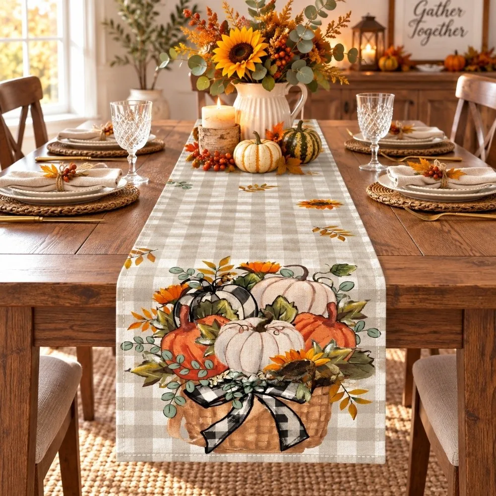 Maple Leaf Pumpkin Table Runner Leaves Flower Autumn Harvest Table Flag Holiday Party Desk Decor Thanksgiving Table Runner