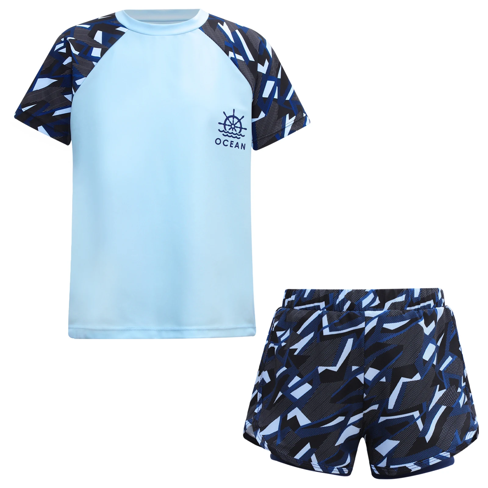 Kids Boys Swimsuit Rash Guard Short Sleeve Tops with Shorts Trunks Bathing Suits Pool Water Sport Surfing Swimwear Beachwear