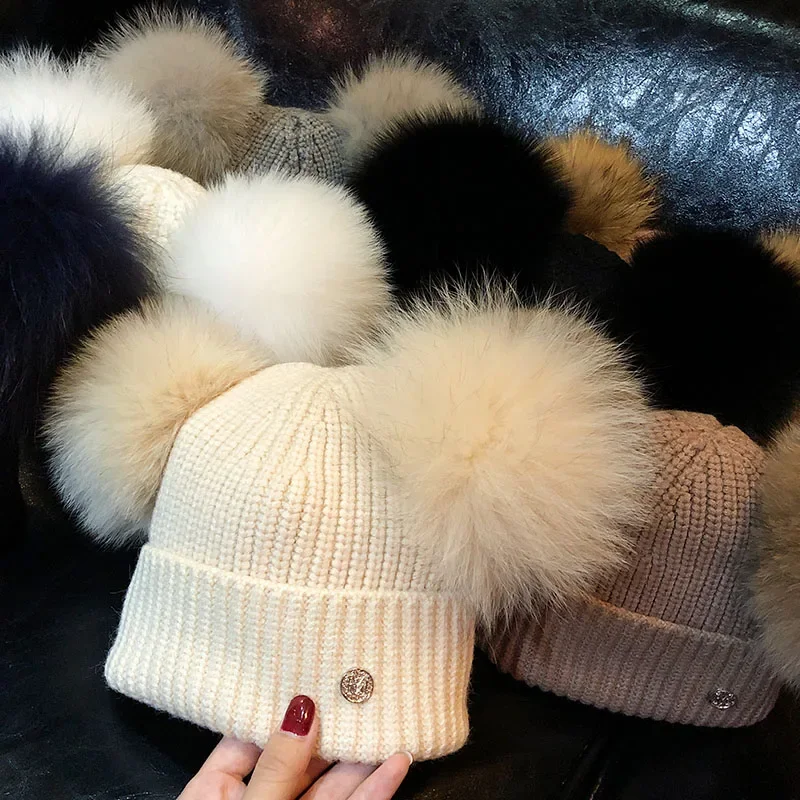 women\'s winter real fox fur wool knit hat baby cap beanie with 2 two double pom poms pompom ears funny hat