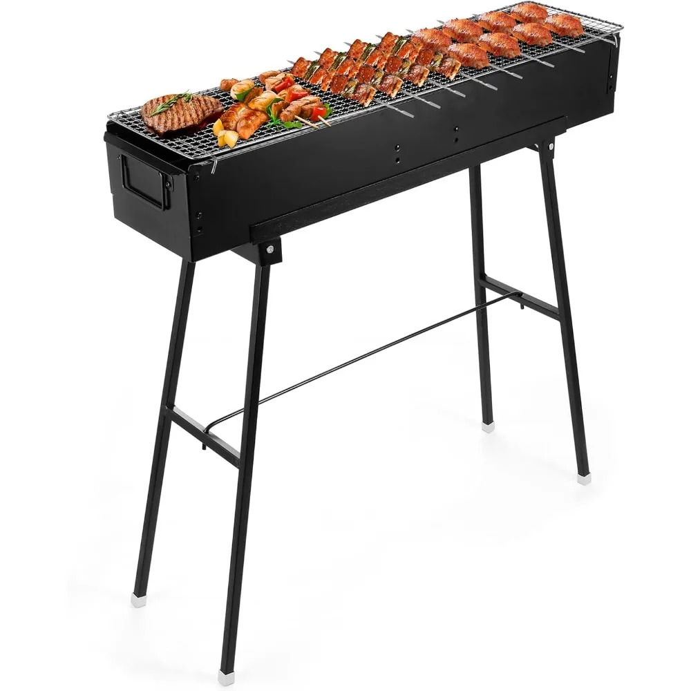 Portable charcoal grill 32 inches, black folding stainless steel grill, big lamb grill, suitable for terrace