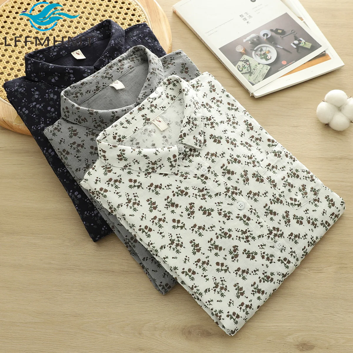 

Spring New Flower Print Japan Style Harajuku Long Sleeve Shirt Women Good Quality Double Yarn Cotton Casual Loose Retro Blouse