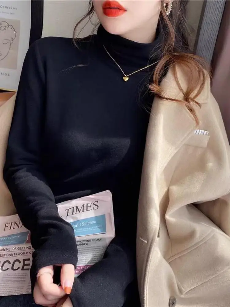 

Autumn Winter Solid High Neck Long Sleeve Slim Pullover Sweater Women Versatile Double Sided Velvet Tops 2025 Simplicity Popular