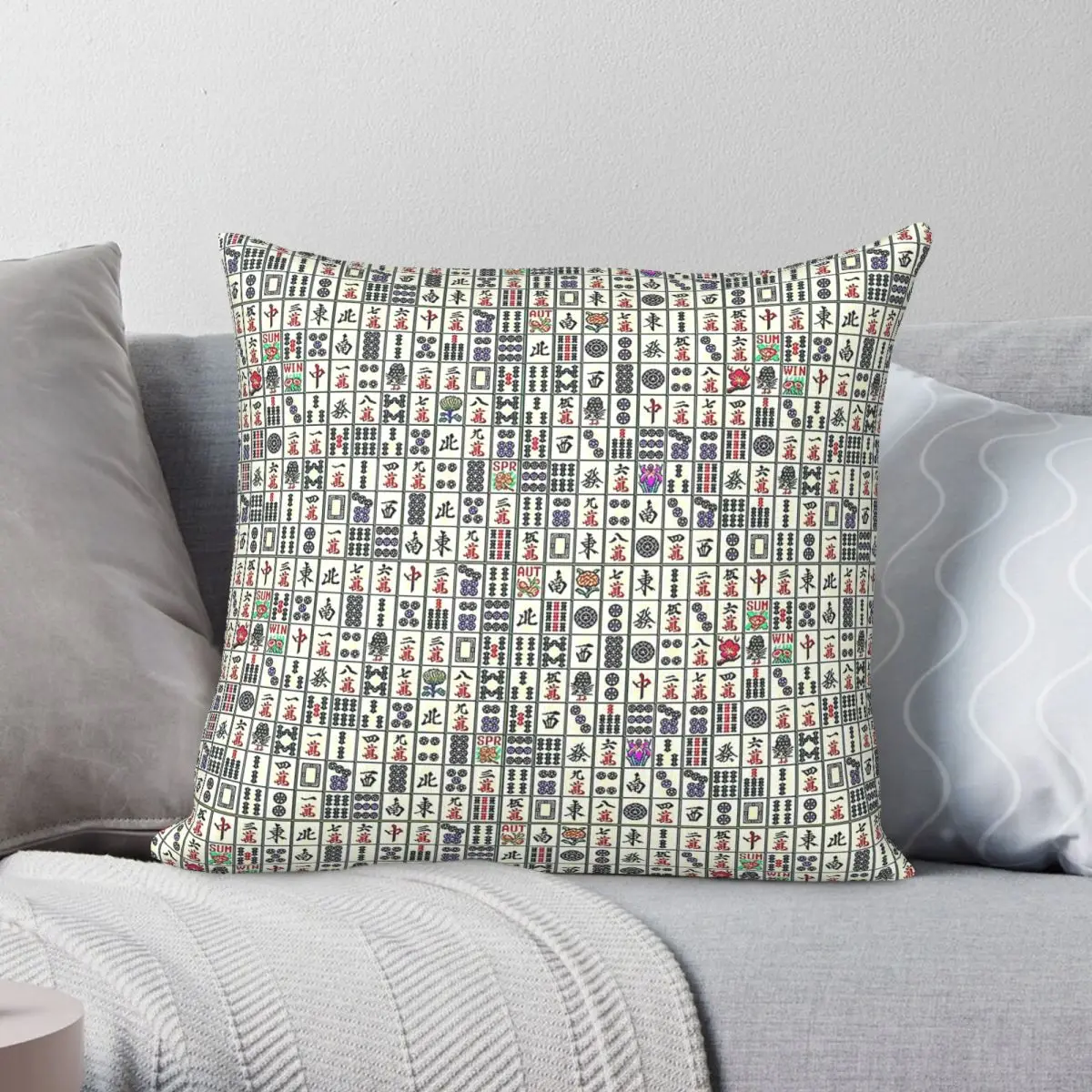 Mahjong Tile-based Game Pillowcase Polyester Linen Velvet Pattern Zip Decorative Sofa Seater Cushion Cover