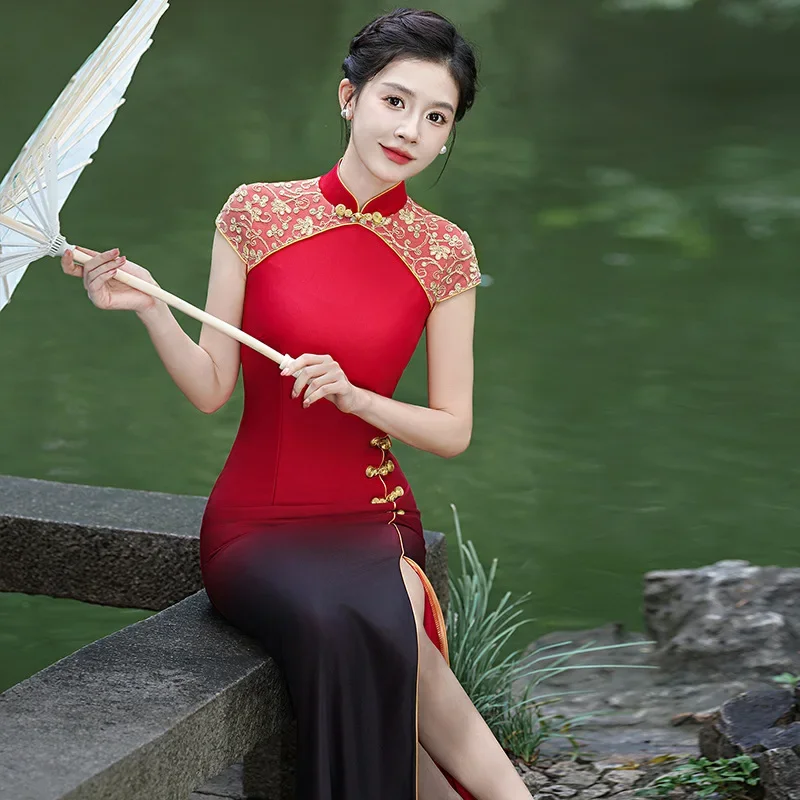 

Gradient Improved Performance Long Mermaid Cheongsam Retro Slimming Fashion High Slit Dress Elegant Qipao