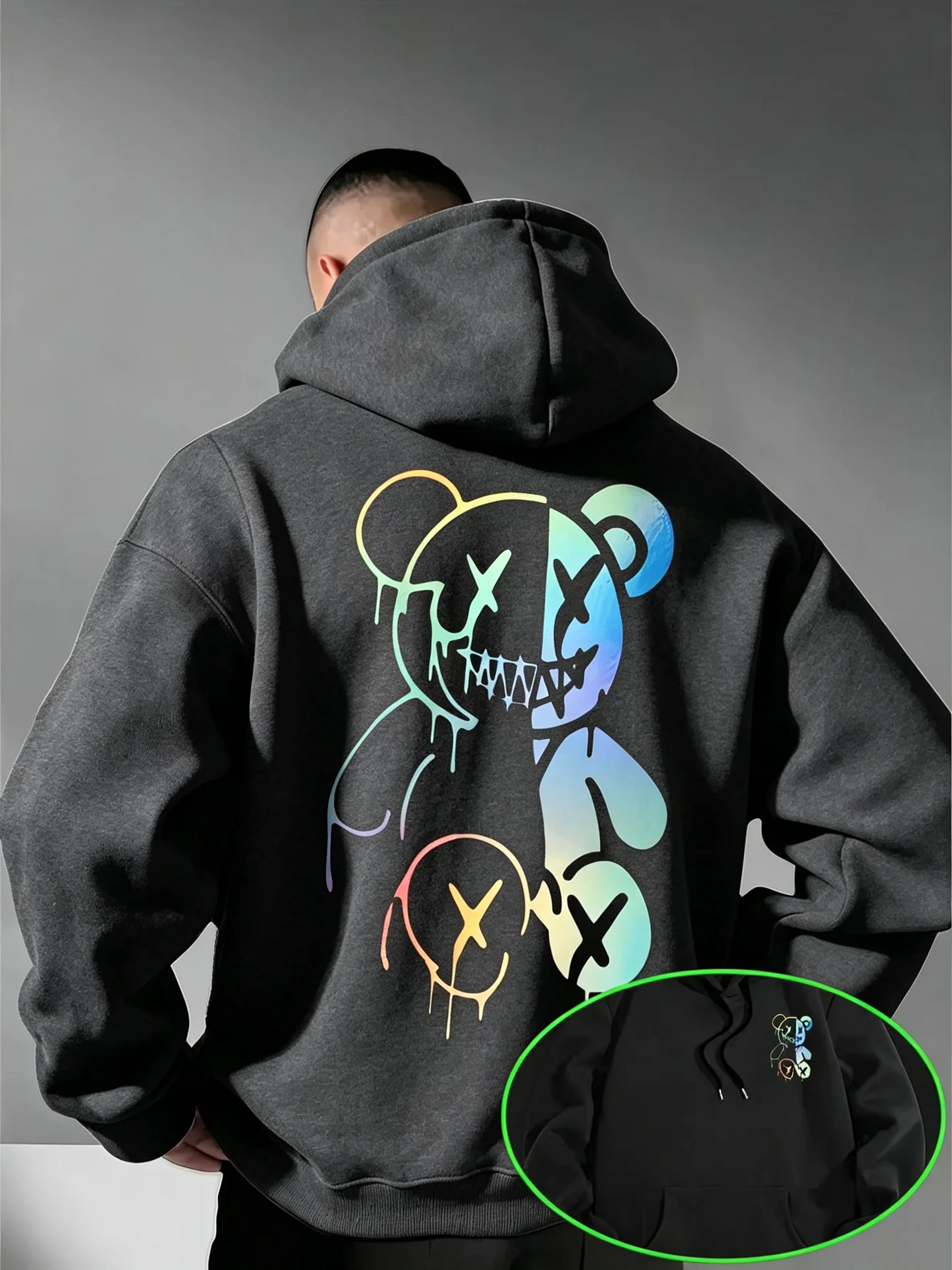 2026 New Unisex Oversized Hoodie Drip Graffiti Bear Gradient X Eyes Back Print Streetwear Autumn Winter Pullover Sweatshirt