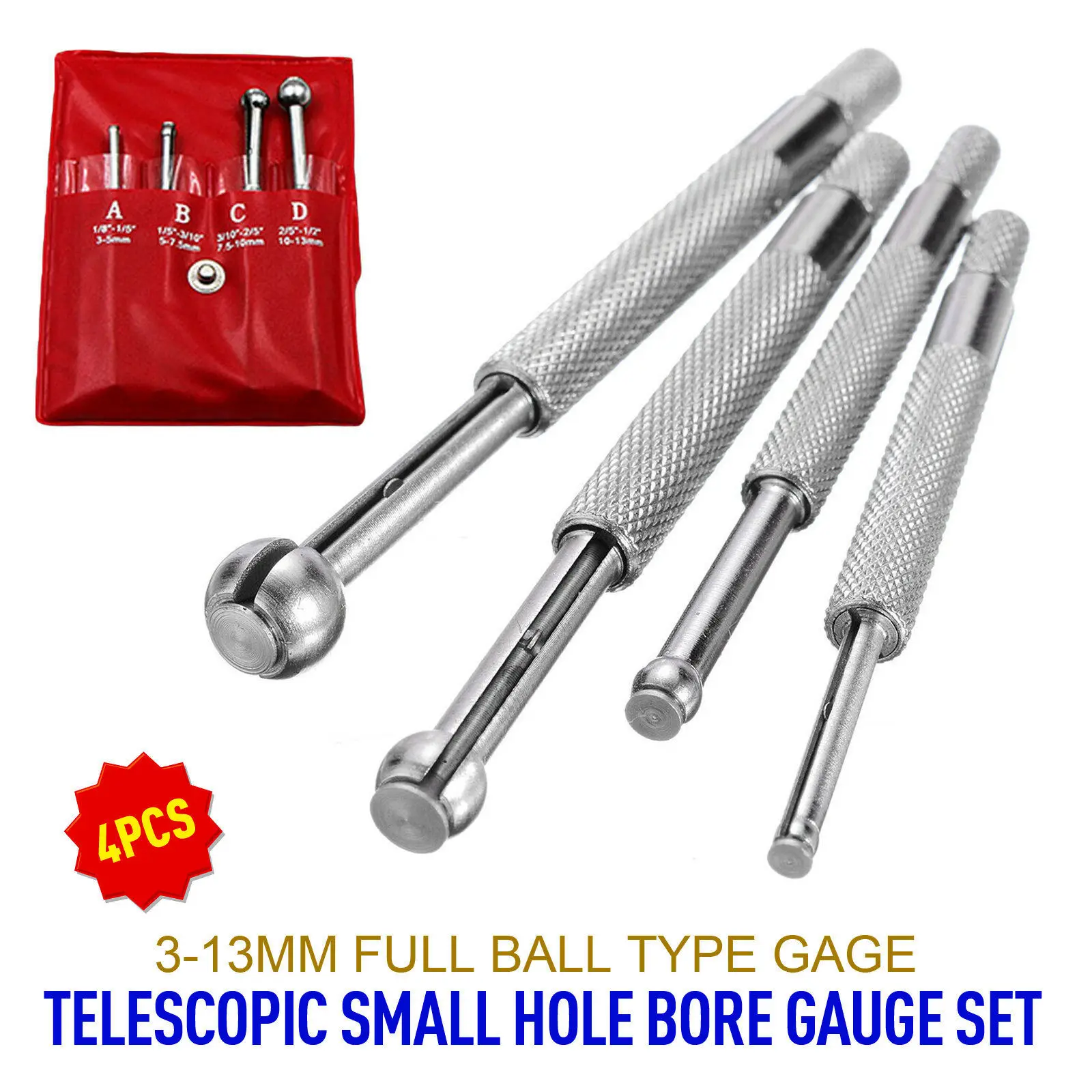 

4pcs 3-13mm Full Ball Type Gage Telescopic Small Hole Bore Gauge Set Sliver 76/79/88/92mm Hand Tool