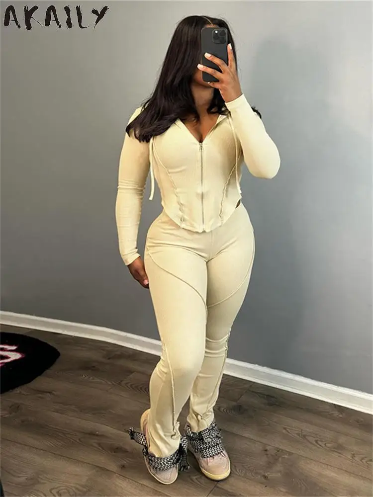 

Akaily Apricot Bodycon 2 Two Piece Sets Casual Outfits For Women 2023 Long Sleeve Zipper Up Hoodies Pants Sets Ladies Sweatsuit