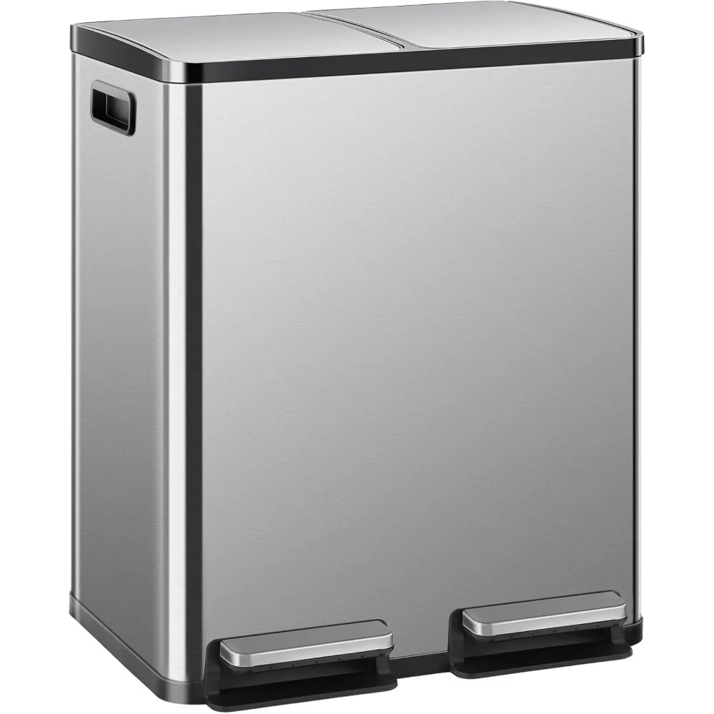 

2 x 8 Gallon Kitchen Trash Can with Lid, Garbage Dustbin, 60 Liter Large Stainless Waste Bin with Soft-Close Foot Pedal