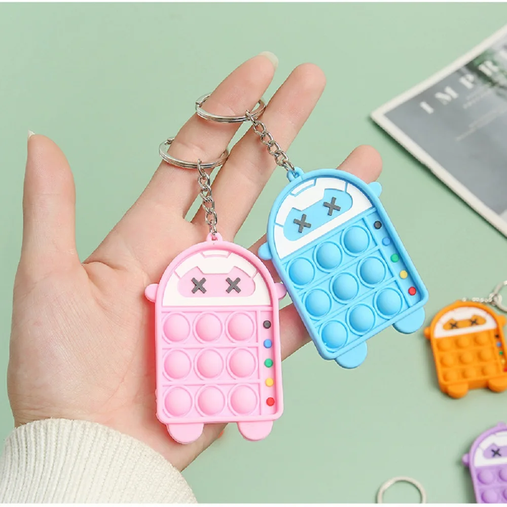 Silicone Mini Pop Fidget Toy Keychain CartoonPush Bubble Key Chain Autism Handheld Small Stress Sensory Relief Fidget Keychain