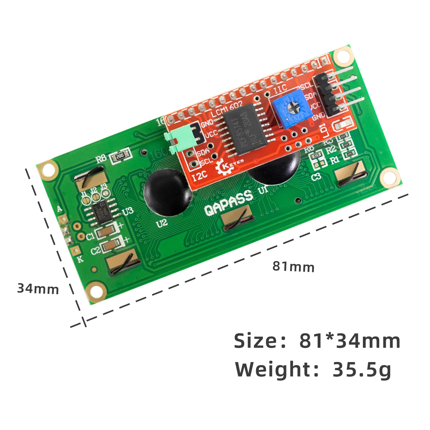 KEYES DC 3.3V LCD1602+I2C Module Yellow Green Screen Backlight 16x2 Character LCD Display PCF8574 For Arduino  Display Projects