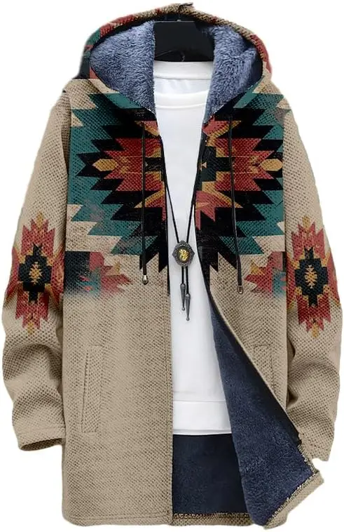 سترة أزتيك للرجال سترة رعاة البقر الغربية هوديس مبطنة بالصوف كابل سحاب كامل متماسكة اصطف سترة معاطف 01