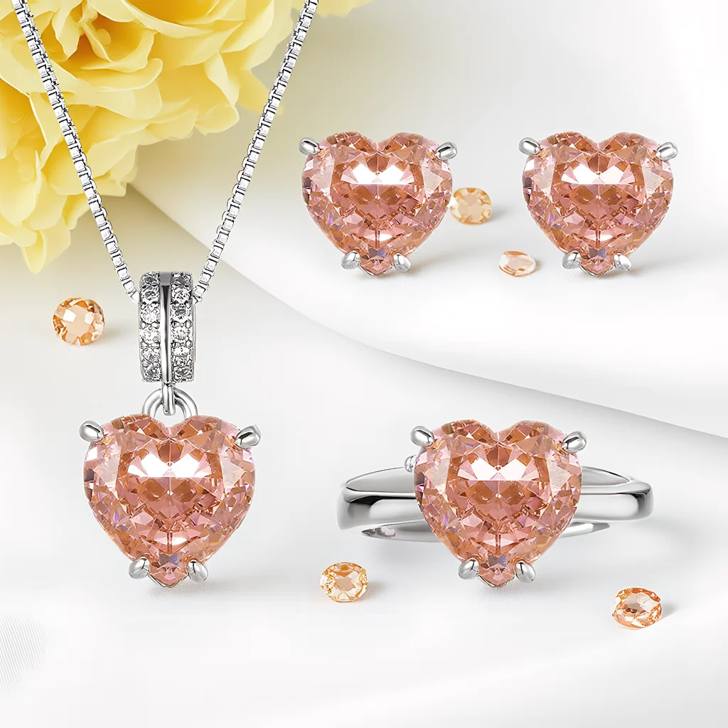 

4pcs Trendy Elegant Set for Women Pink Heart-shaped Gemstone Necklace Shiny Crystal Choker Bridal Wedding Earrings Party