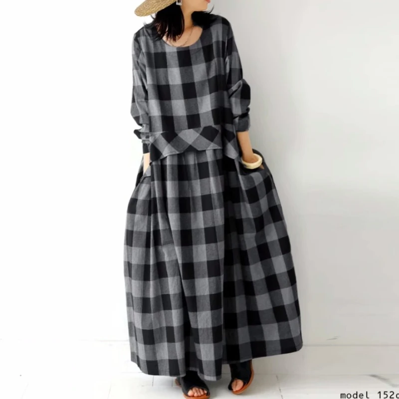 

Vintage Casual Mid-Calf Dresses Plaid 2024 New Spring O-neck Full Sleeve Loose Women Colors Dresses