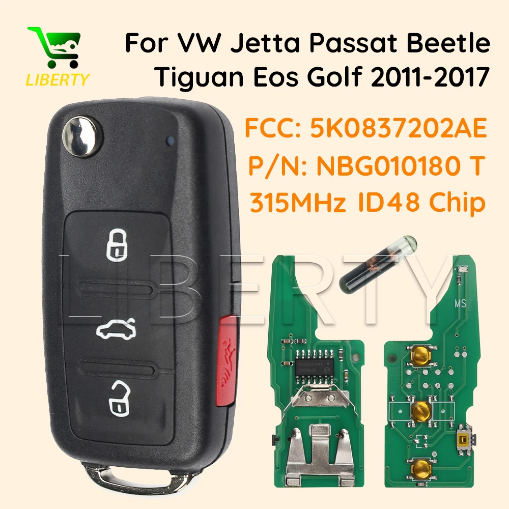 

Ly For VW Jetta CADDY EOS GTI Golf Passat Tiguan Touran Beetle Transporter Caravelle Flip Remote Car Key 315Mhz 5K0837202AE ID48