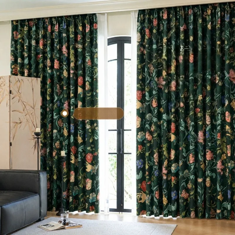 Manor Vintage Print Chenille Thick Blackout Curtains for Living Room Bedroom French Window Balcony Custom