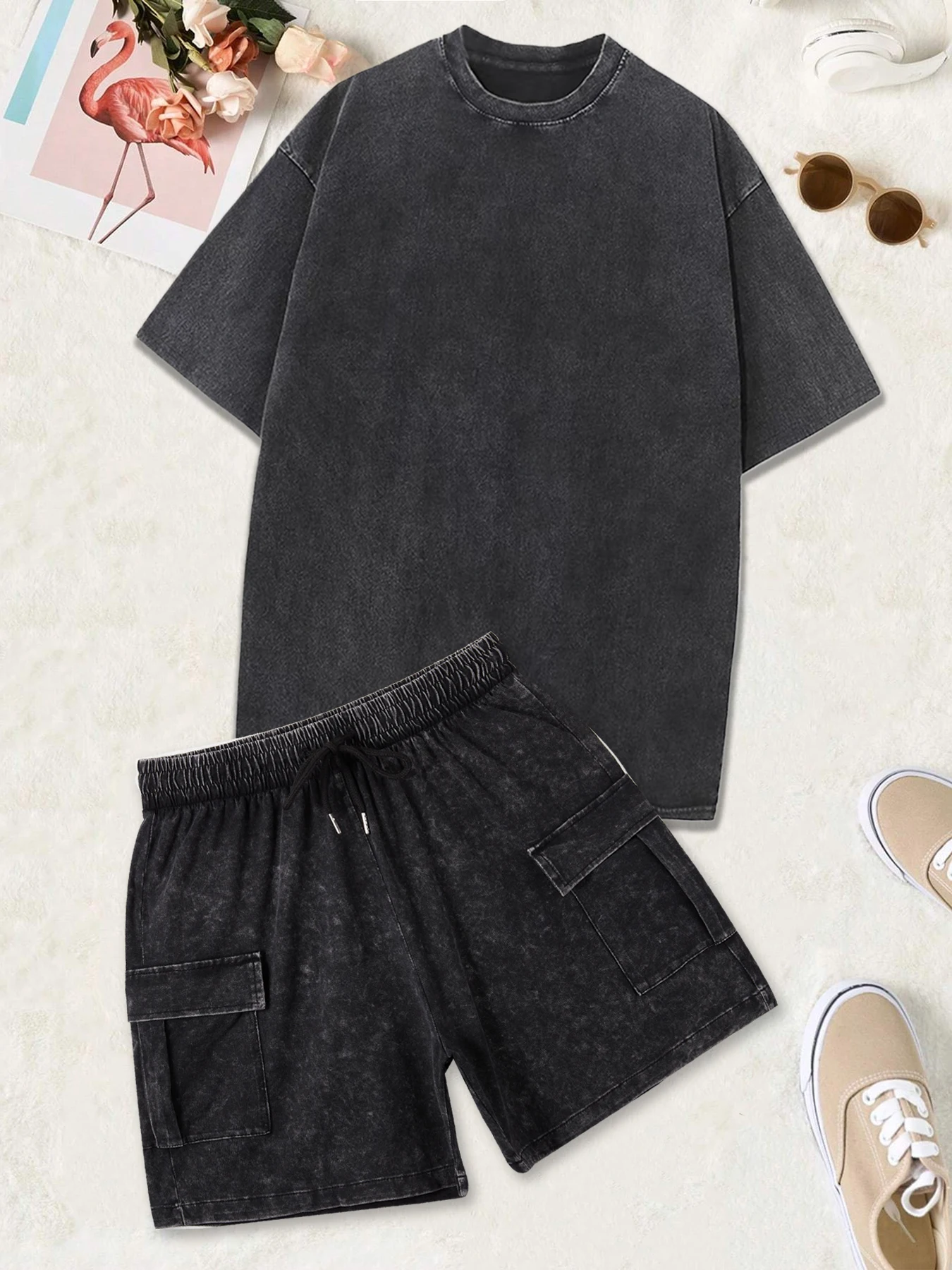 2025 ใหม่ล้างเสื้อยืดสีทึบชุดอินเทรนด์Streetแขนสั้นหลายสีกางเกงขาสั้นผ้าฝ้ายหลวมสบายกีฬากางเกงขาสั้น