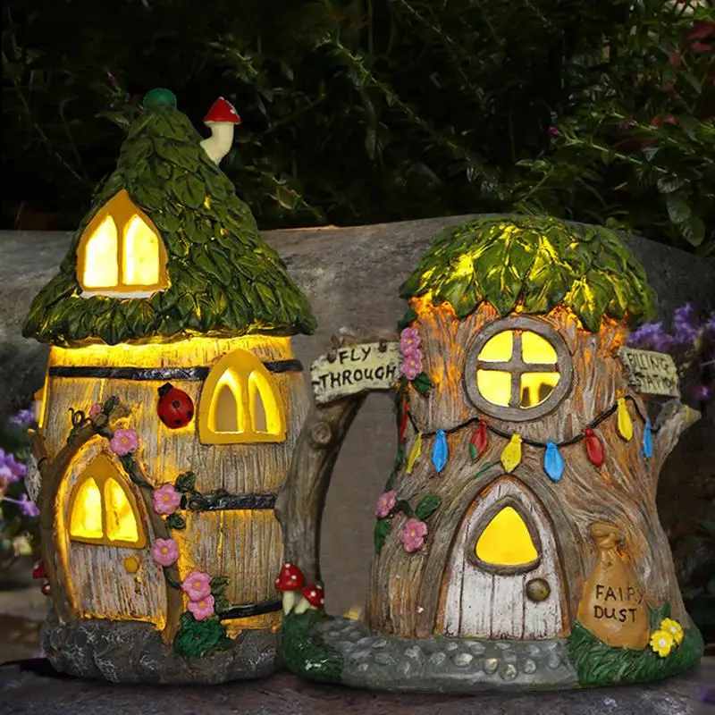 Craft Miniature House Solar Powered Led Light Garden Fairy Outdoor Walkway Resin Cottage Christmas Lamp Decoration