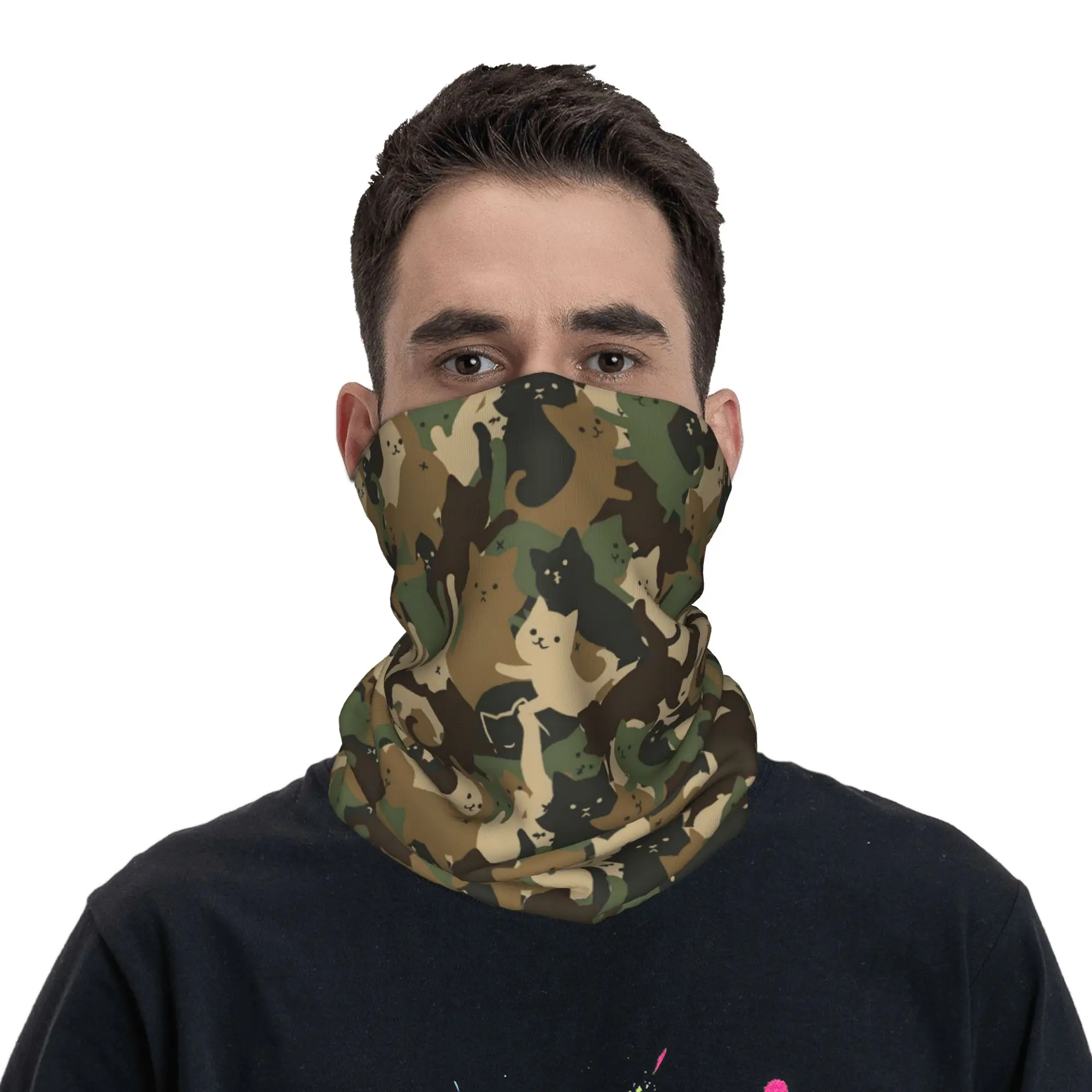 Custom Cute Cat Camouflage Bandana Neck Warmer Men Women Winter Hiking Ski Scarf Gaiter Flecktarn Camo Face Cover image 4