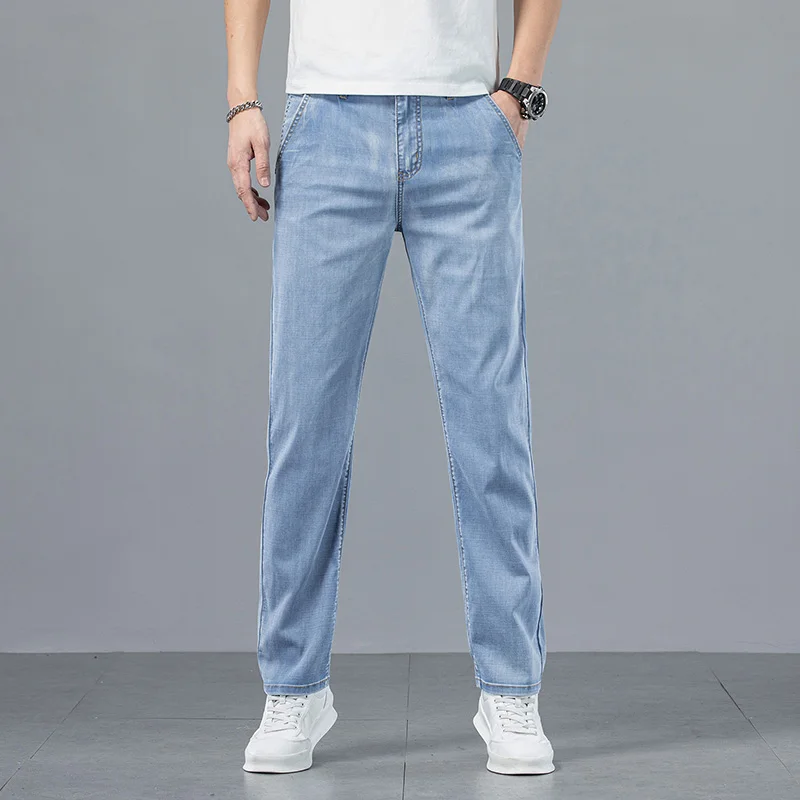 Lyocell tessuto estate Jeans da uomo ultrasottili morbido drappo sciolto dritto marchio Casual Denim pantaloni Street gamba larga pantaloni