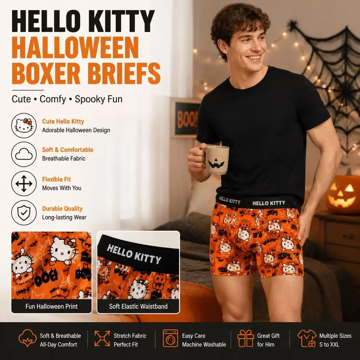 

Print Hello Kitty Men's Sports Boxers Pantie Trunks Underwear Plus Size Breathable Fast Drying Underwear Women's Boxer Brief