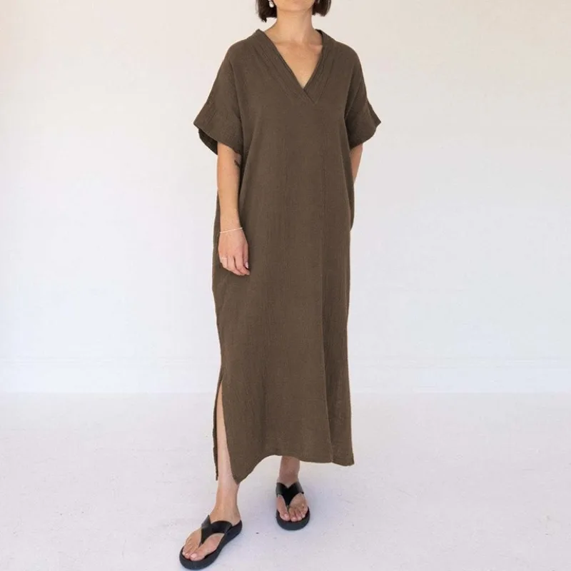 100% camada dupla crepe algodão solto conforto vestido feminino cor sólida verão manga curta com decote em v vestidos divididos de mujer