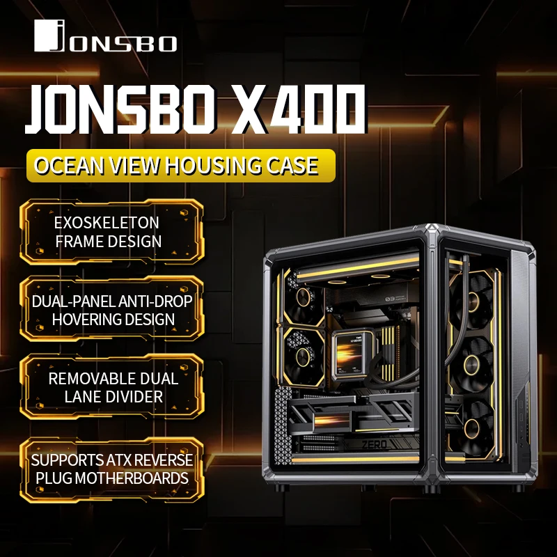 JONSBO X400 グレー アルミニウム ATX コンピューターケース ガラスサイドパネル デスクトップタワー ゲーミング/オフィス向け リバースマウントマザーボード対応
