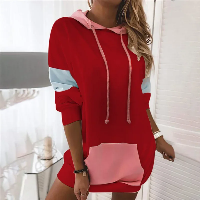Women Patchwork Color Match Loose Fashion Sweatshirt T-shirts Jumpers Long Sleeve Hooded Tops Pullover Female Casual Hoodies New