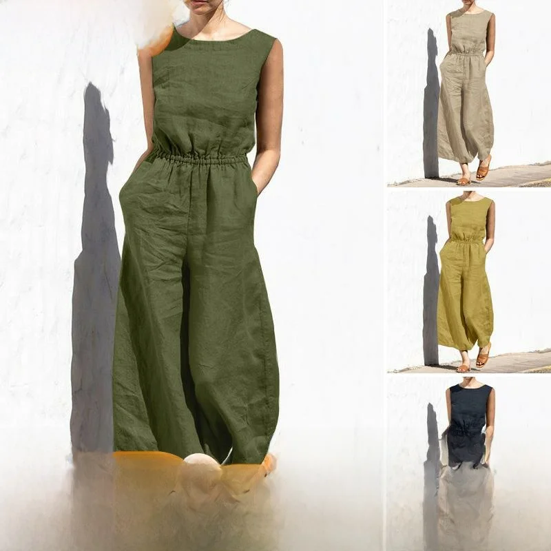 

Свободный хлопковый льняной комбинезон S5XL, женский повседневный уличный комбинезон со средней талией, длинные брюки, прямой комбинезон, женская одежда