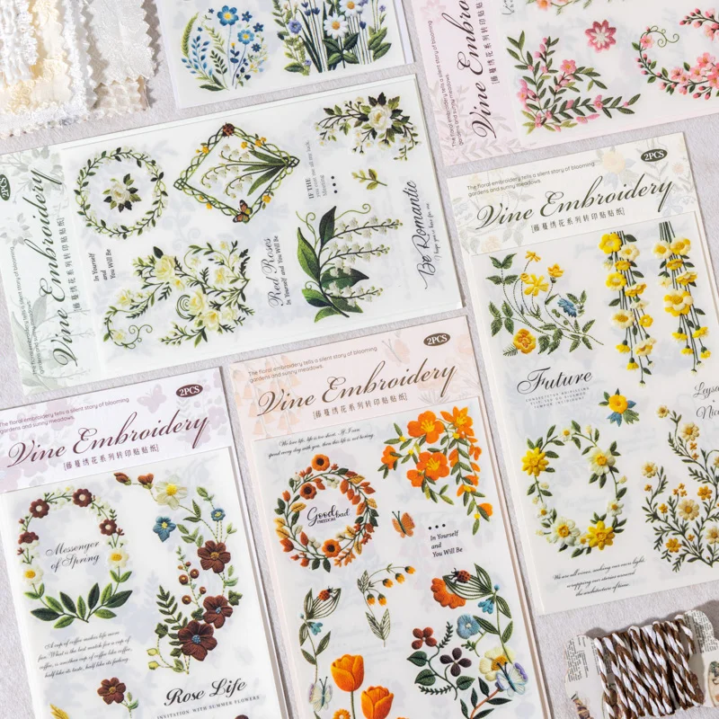 

Journal GO 2pcs Floral Vine Embroidery Transfer Stickers Asthetics Journaling Flower Materials Scrapbook Card Craft Handmade