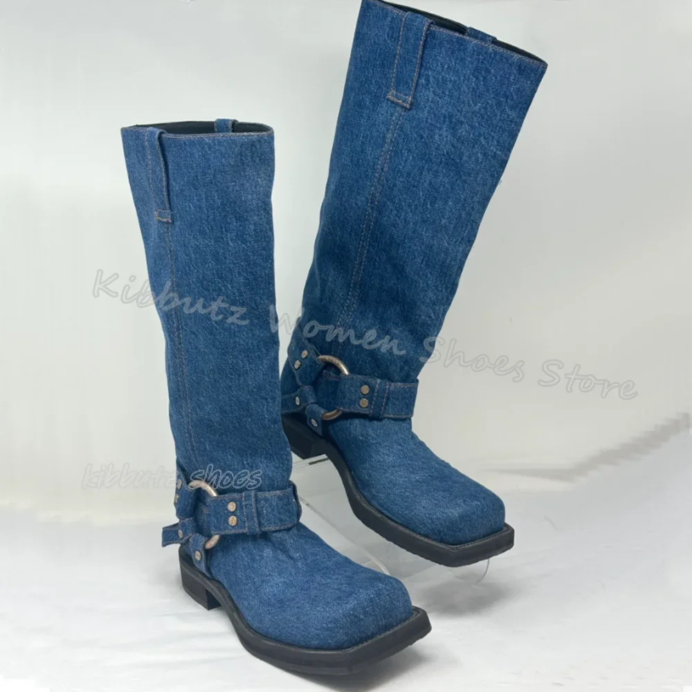 

Denim Cloth Knee High Boots Belt Buckles Slip-On Fashion Elegant Concise Novelty Sexy Slip-On Women Shoes New Solid Color Blue