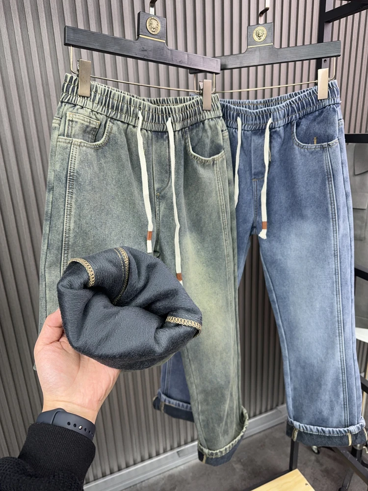 

Vip-американские ретро джинсы с подкладкой Thiened Bootcut, зимние мужские 3D пошивные теплые свободные прямые джинсовые брюки