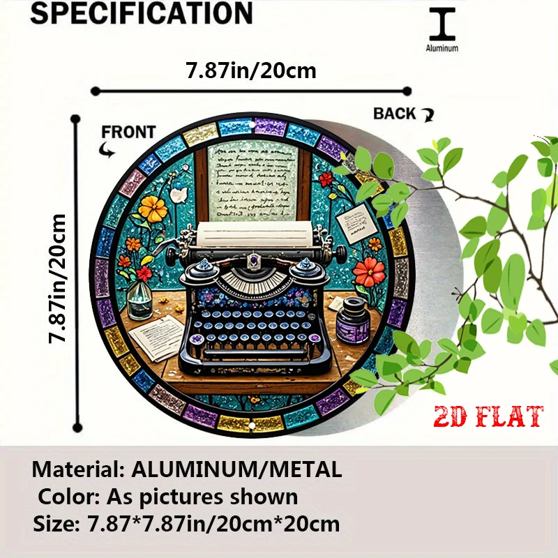 2D Flat - One-Piece Vintage Typewriter Decorative Sign with a Floral Border, Round Aluminum Design, Stained Glass Plaque, Perfec
