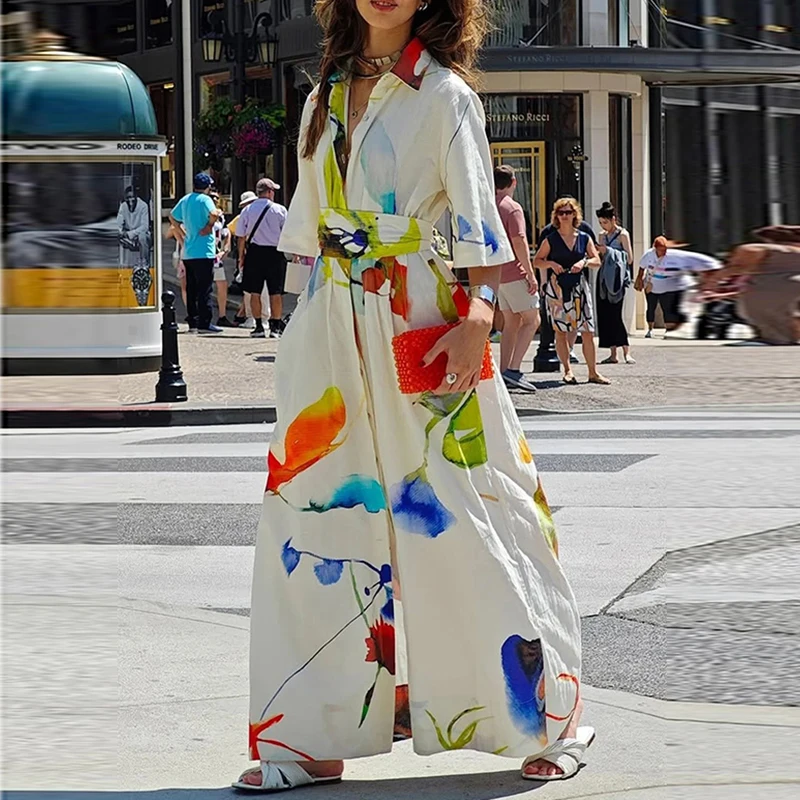 

Женское повседневное элегантное платье, лето 2024, весна, с коротким рукавом, на пуговицах, с завязкой на талии, повседневные платья-рубашки макси с принтом для женщин